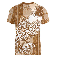 Tonga Kupesi Ngatu Women V-Neck T-Shirt Vintage Brown Plumeria LT05 - Polynesian Pride