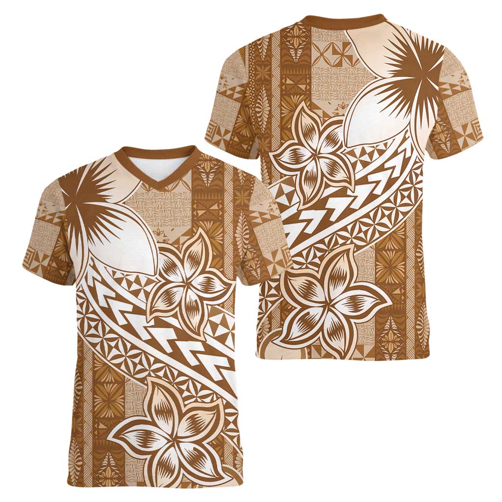 Tonga Kupesi Ngatu Women V-Neck T-Shirt Vintage Brown Plumeria LT05 - Polynesian Pride