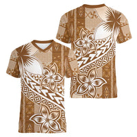 Tonga Kupesi Ngatu Women V-Neck T-Shirt Vintage Brown Plumeria LT05 - Polynesian Pride