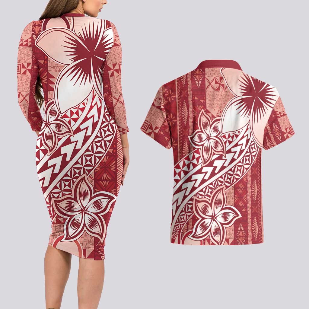 Tonga Kupesi Ngatu Couples Matching Long Sleeve Bodycon Dress and Hawaiian Shirt Vintage Red Plumeria LT05 - Polynesian Pride