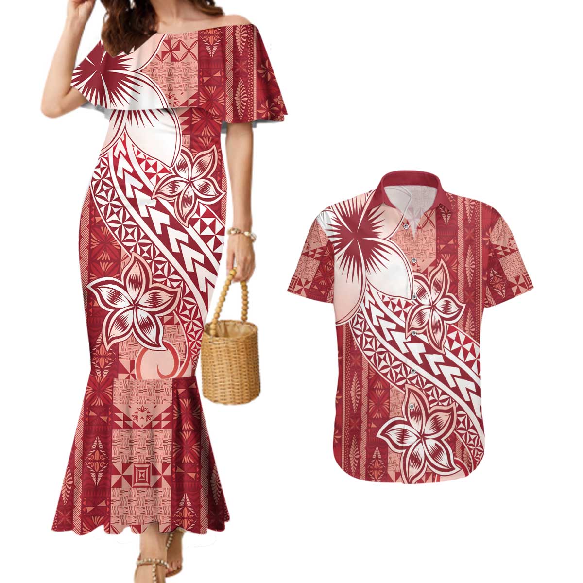Tonga Kupesi Ngatu Couples Matching Mermaid Dress and Hawaiian Shirt Vintage Red Plumeria LT05 Red - Polynesian Pride