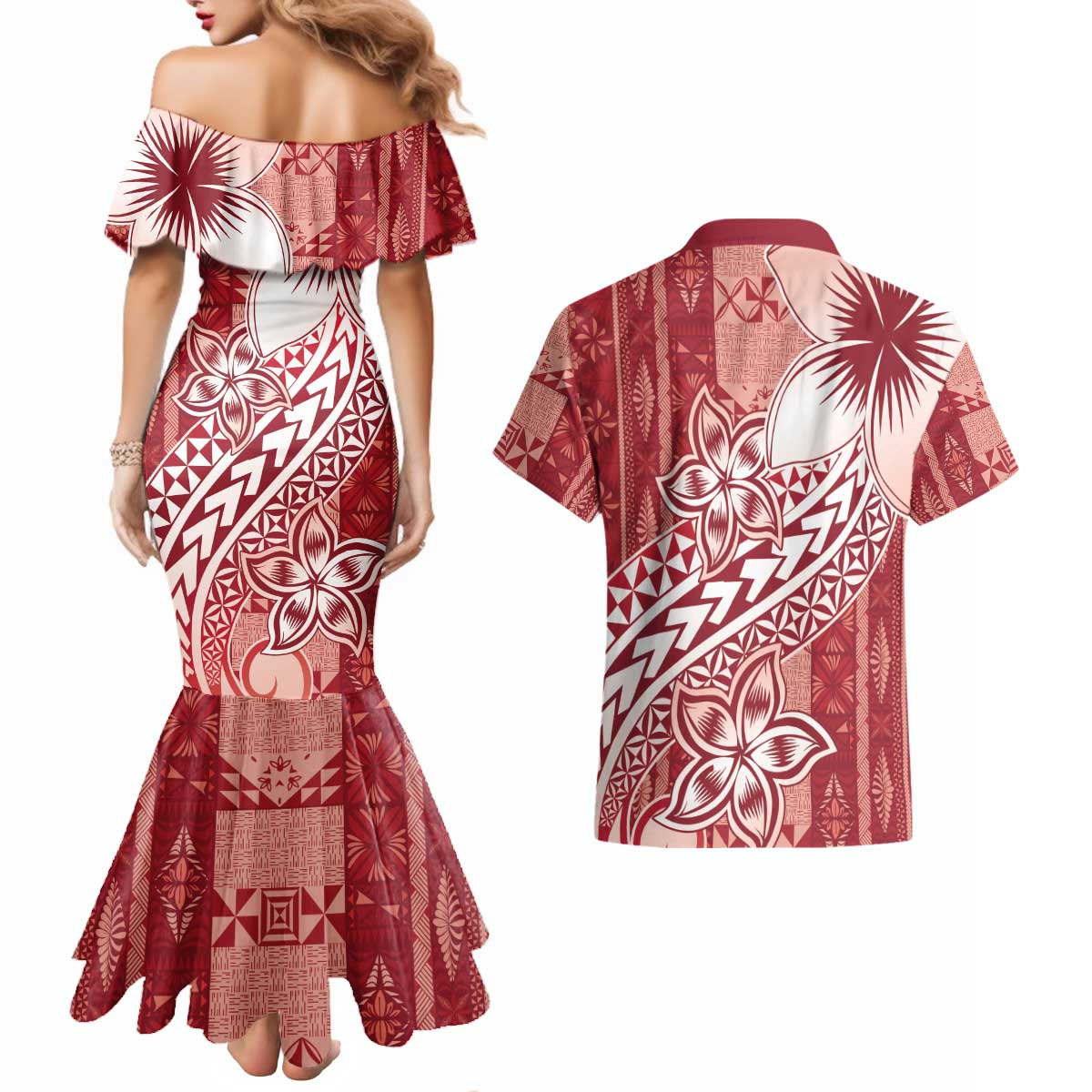 Tonga Kupesi Ngatu Couples Matching Mermaid Dress and Hawaiian Shirt Vintage Red Plumeria LT05 - Polynesian Pride