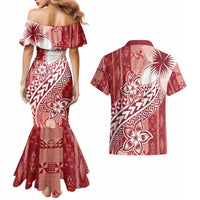 Tonga Kupesi Ngatu Couples Matching Mermaid Dress and Hawaiian Shirt Vintage Red Plumeria LT05 - Polynesian Pride