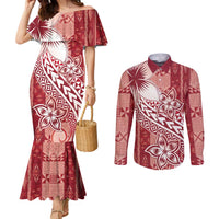 Tonga Kupesi Ngatu Couples Matching Mermaid Dress and Long Sleeve Button Shirt Vintage Red Plumeria LT05 Red - Polynesian Pride