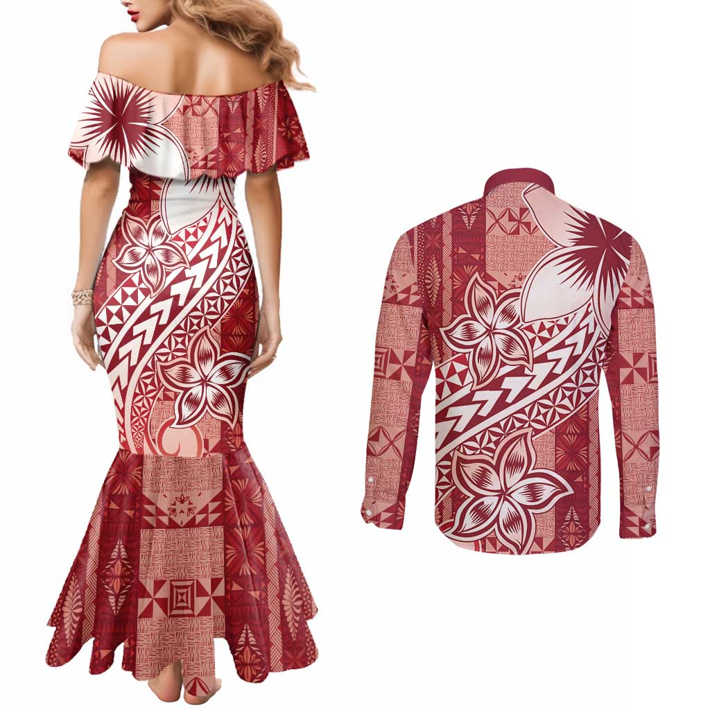 Tonga Kupesi Ngatu Couples Matching Mermaid Dress and Long Sleeve Button Shirt Vintage Red Plumeria LT05 - Polynesian Pride