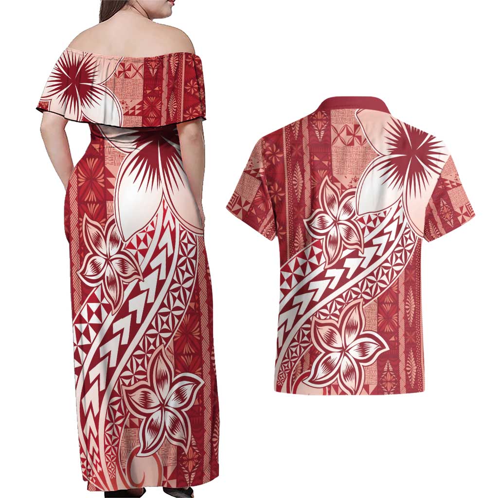 Tonga Kupesi Ngatu Couples Matching Off Shoulder Maxi Dress and Hawaiian Shirt Vintage Red Plumeria LT05 - Polynesian Pride