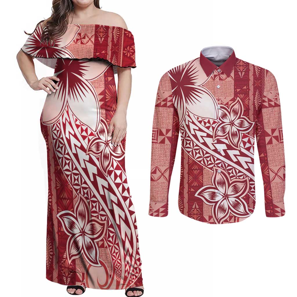 Tonga Kupesi Ngatu Couples Matching Off Shoulder Maxi Dress and Long Sleeve Button Shirt Vintage Red Plumeria LT05 Red - Polynesian Pride