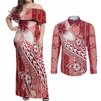 Tonga Kupesi Ngatu Couples Matching Off Shoulder Maxi Dress and Long Sleeve Button Shirt Vintage Red Plumeria LT05 Red - Polynesian Pride