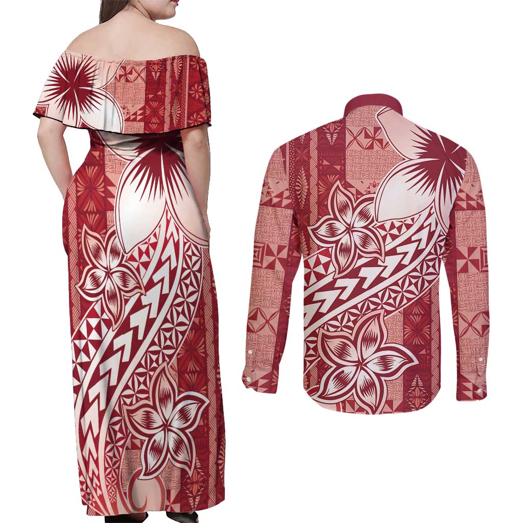 Tonga Kupesi Ngatu Couples Matching Off Shoulder Maxi Dress and Long Sleeve Button Shirt Vintage Red Plumeria LT05 - Polynesian Pride