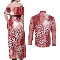 Tonga Kupesi Ngatu Couples Matching Off Shoulder Maxi Dress and Long Sleeve Button Shirt Vintage Red Plumeria LT05 - Polynesian Pride