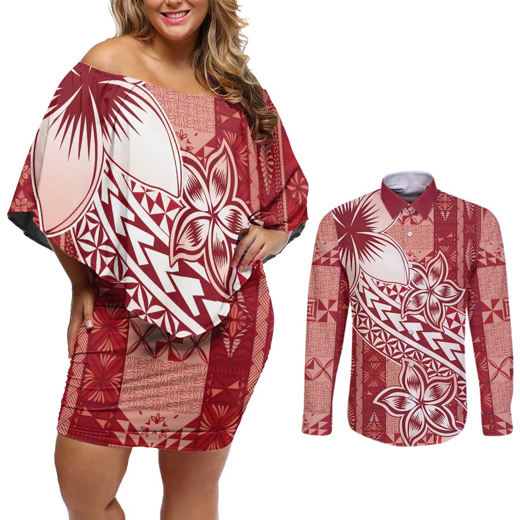 Tonga Kupesi Ngatu Couples Matching Off Shoulder Short Dress and Long Sleeve Button Shirt Vintage Red Plumeria LT05 Red - Polynesian Pride