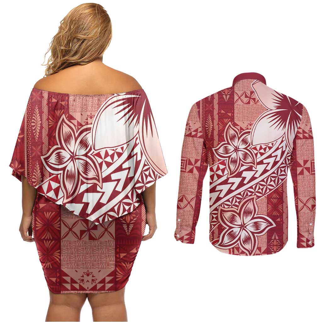 Tonga Kupesi Ngatu Couples Matching Off Shoulder Short Dress and Long Sleeve Button Shirt Vintage Red Plumeria LT05 - Polynesian Pride