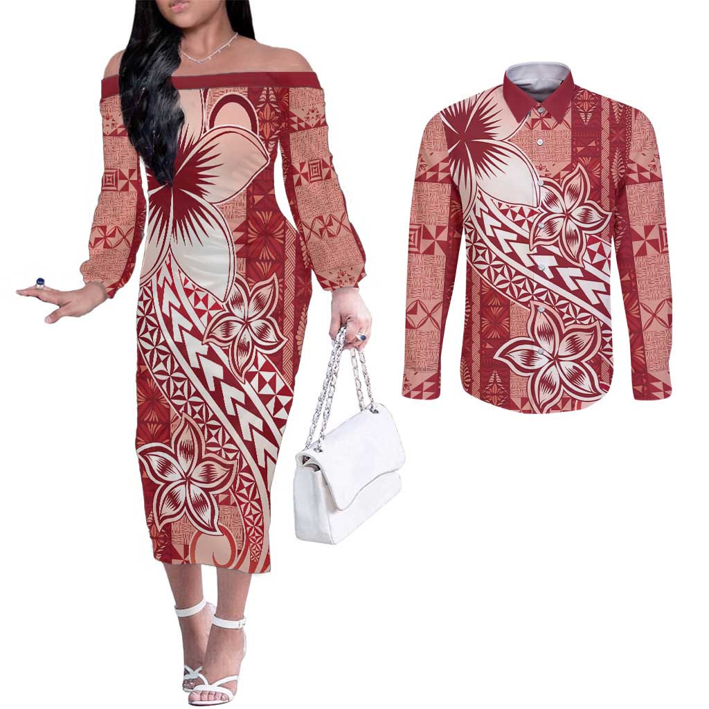 Tonga Kupesi Ngatu Couples Matching Off The Shoulder Long Sleeve Dress and Long Sleeve Button Shirt Vintage Red Plumeria LT05 Red - Polynesian Pride