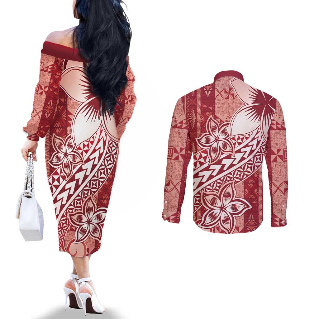 Tonga Kupesi Ngatu Couples Matching Off The Shoulder Long Sleeve Dress and Long Sleeve Button Shirt Vintage Red Plumeria LT05 - Polynesian Pride