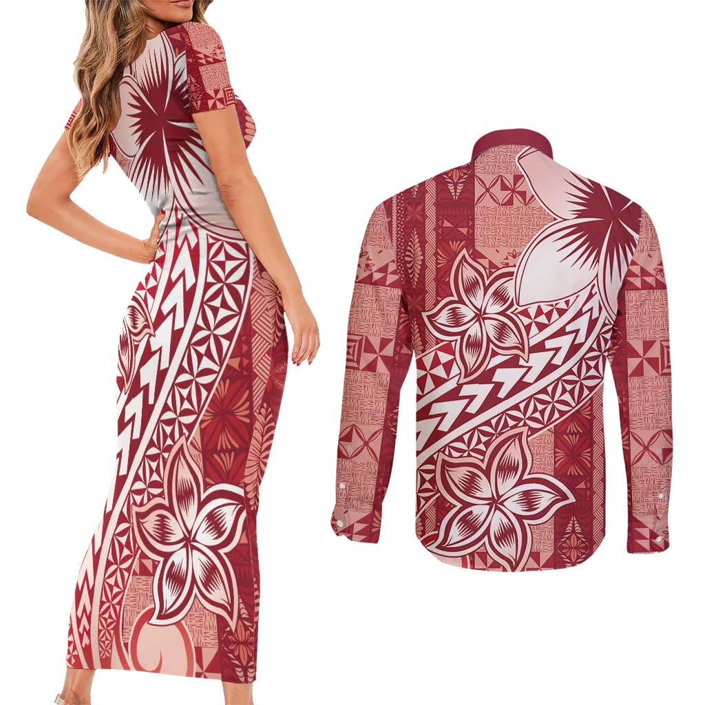 Tonga Kupesi Ngatu Couples Matching Short Sleeve Bodycon Dress and Long Sleeve Button Shirt Vintage Red Plumeria LT05 - Polynesian Pride