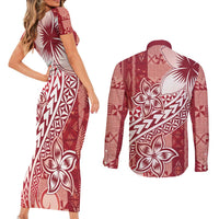 Tonga Kupesi Ngatu Couples Matching Short Sleeve Bodycon Dress and Long Sleeve Button Shirt Vintage Red Plumeria LT05 - Polynesian Pride