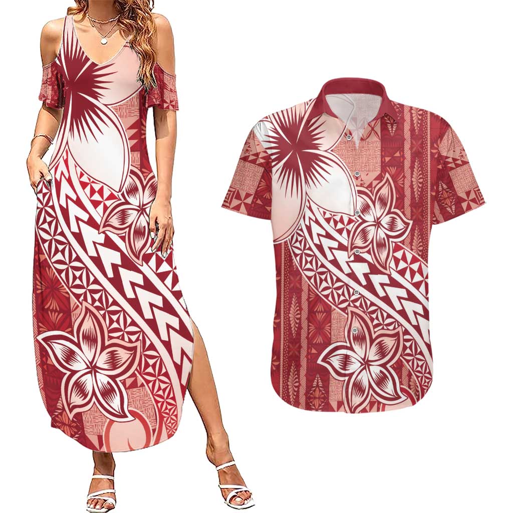 Tonga Kupesi Ngatu Couples Matching Summer Maxi Dress and Hawaiian Shirt Vintage Red Plumeria LT05 Red - Polynesian Pride