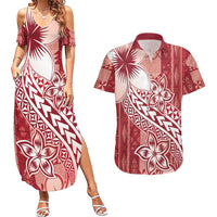 Tonga Kupesi Ngatu Couples Matching Summer Maxi Dress and Hawaiian Shirt Vintage Red Plumeria LT05 Red - Polynesian Pride