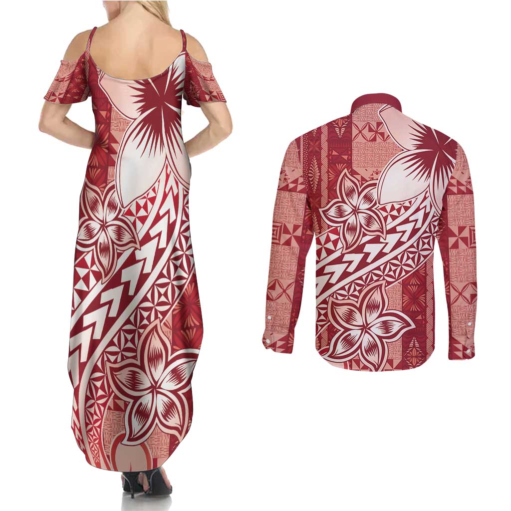Tonga Kupesi Ngatu Couples Matching Summer Maxi Dress and Long Sleeve Button Shirt Vintage Red Plumeria LT05 - Polynesian Pride