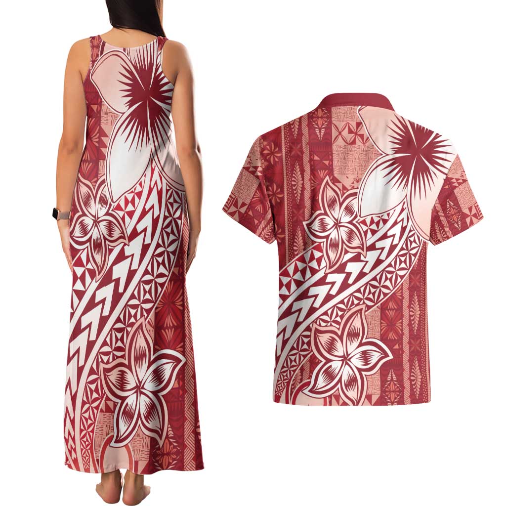 Tonga Kupesi Ngatu Couples Matching Tank Maxi Dress and Hawaiian Shirt Vintage Red Plumeria LT05 - Polynesian Pride