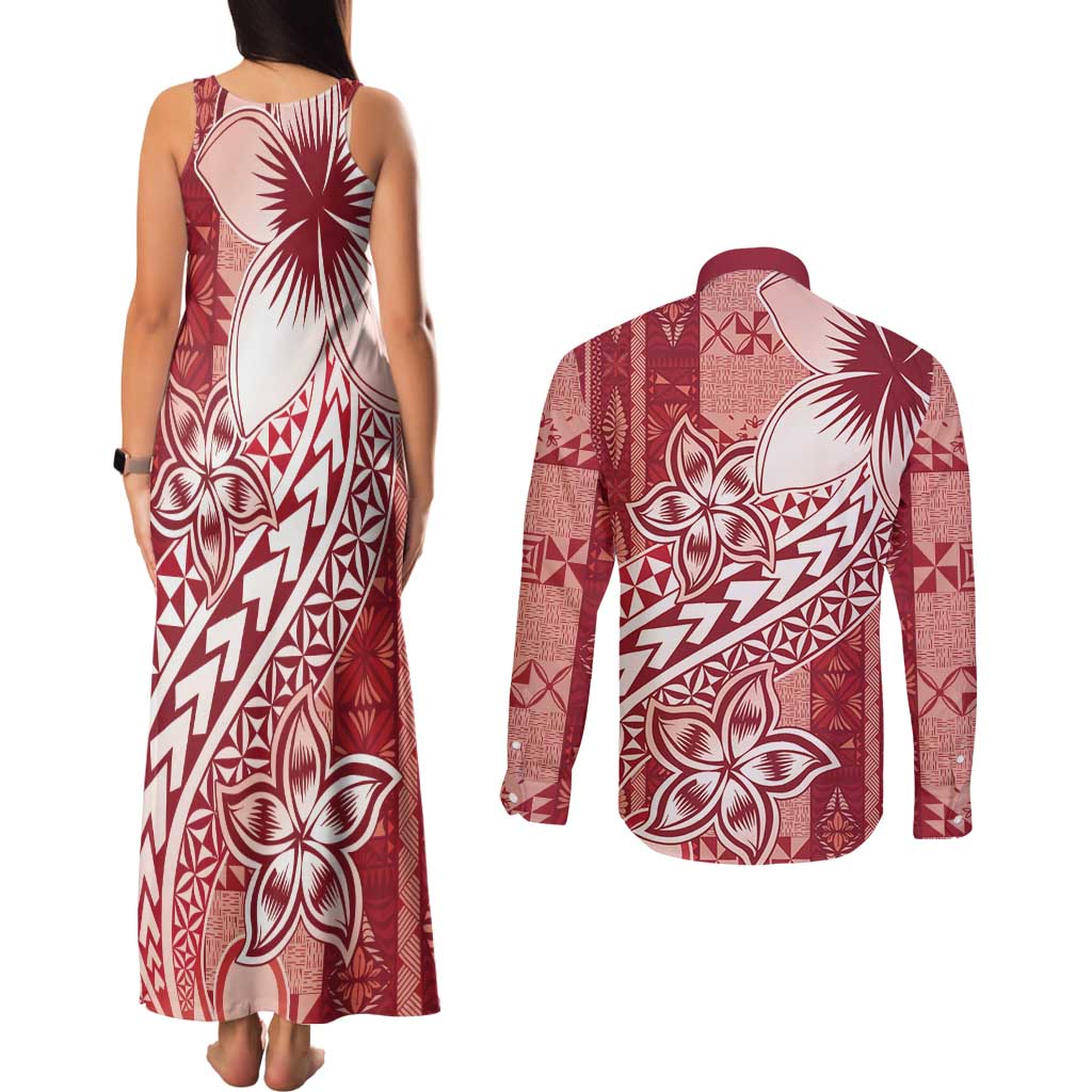 Tonga Kupesi Ngatu Couples Matching Tank Maxi Dress and Long Sleeve Button Shirt Vintage Red Plumeria LT05 - Polynesian Pride