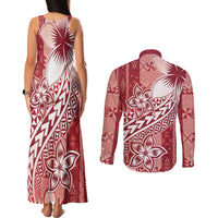 Tonga Kupesi Ngatu Couples Matching Tank Maxi Dress and Long Sleeve Button Shirt Vintage Red Plumeria LT05 - Polynesian Pride