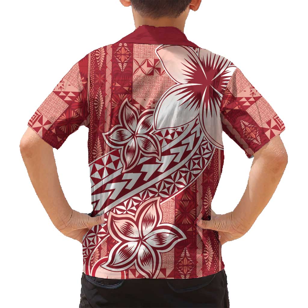 Tonga Kupesi Ngatu Family Matching Long Sleeve Bodycon Dress and Hawaiian Shirt Vintage Red Plumeria LT05 - Polynesian Pride