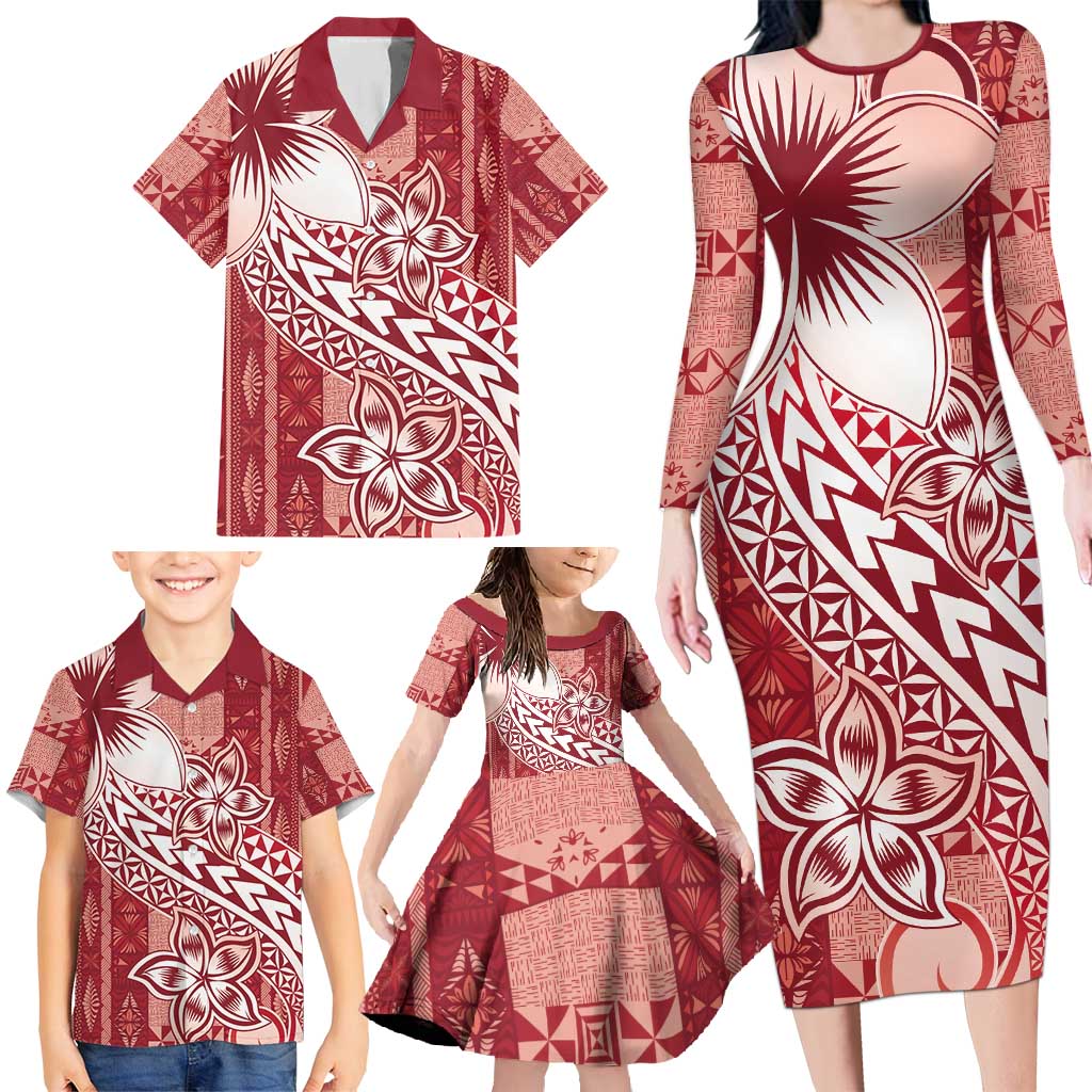 Tonga Kupesi Ngatu Family Matching Long Sleeve Bodycon Dress and Hawaiian Shirt Vintage Red Plumeria LT05 - Polynesian Pride