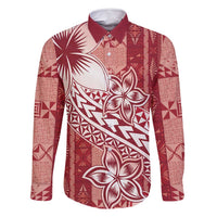 Tonga Kupesi Ngatu Family Matching Long Sleeve Bodycon Dress and Hawaiian Shirt Vintage Red Plumeria LT05 Dad's Shirt - Long Sleeve Red - Polynesian Pride