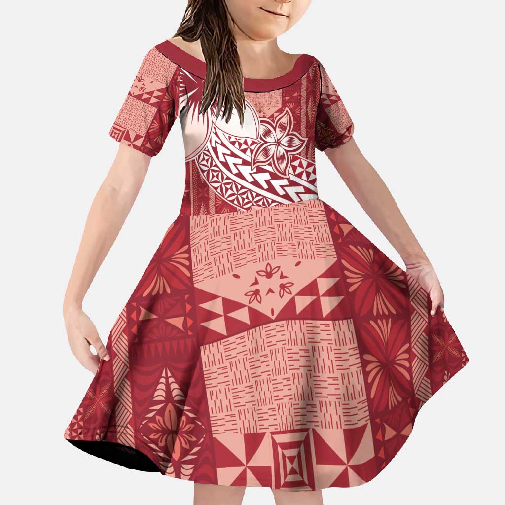 Tonga Kupesi Ngatu Family Matching Mermaid Dress and Hawaiian Shirt Vintage Red Plumeria LT05 Daughter's Dress Red - Polynesian Pride