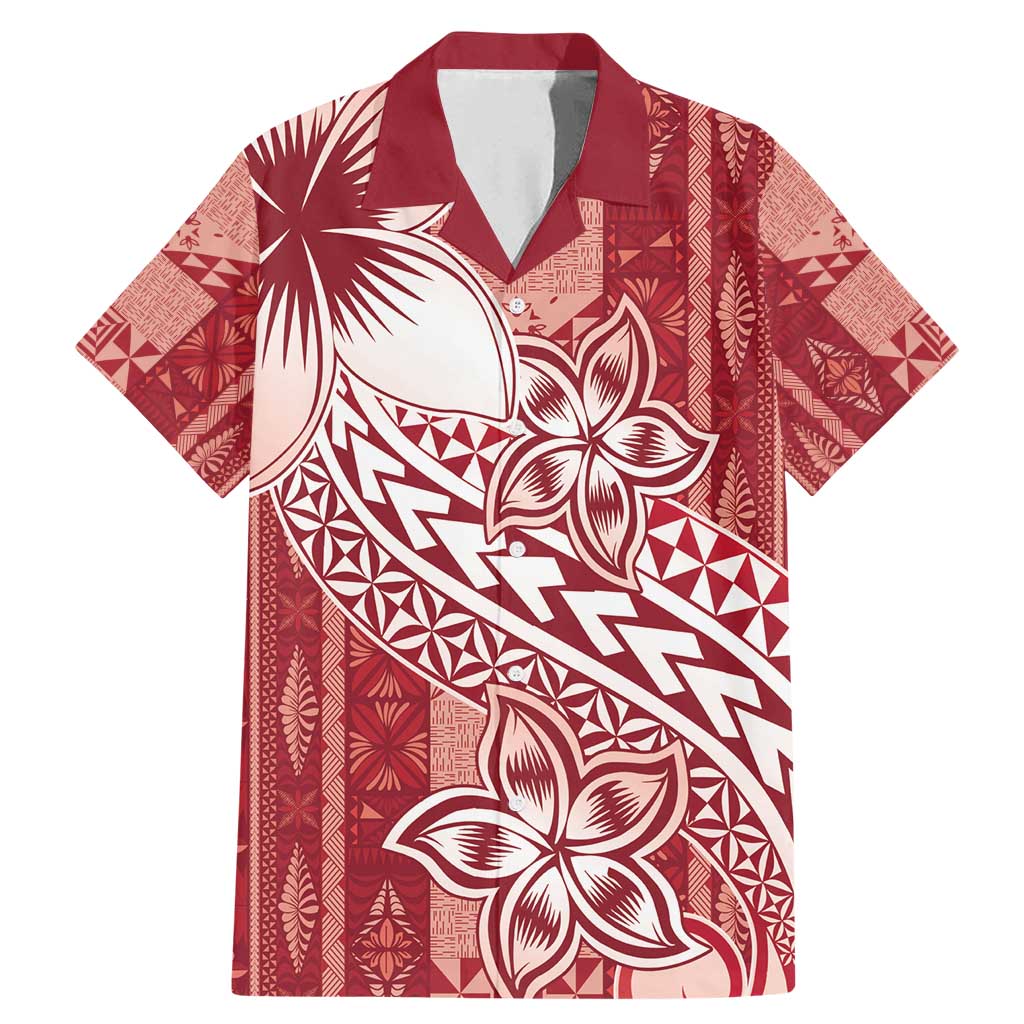 Tonga Kupesi Ngatu Family Matching Mermaid Dress and Hawaiian Shirt Vintage Red Plumeria LT05 Dad's Shirt - Short Sleeve Red - Polynesian Pride