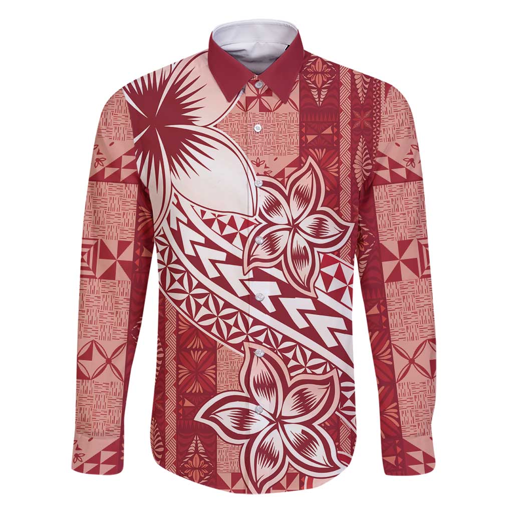 Tonga Kupesi Ngatu Family Matching Mermaid Dress and Hawaiian Shirt Vintage Red Plumeria LT05 Dad's Shirt - Long Sleeve Red - Polynesian Pride