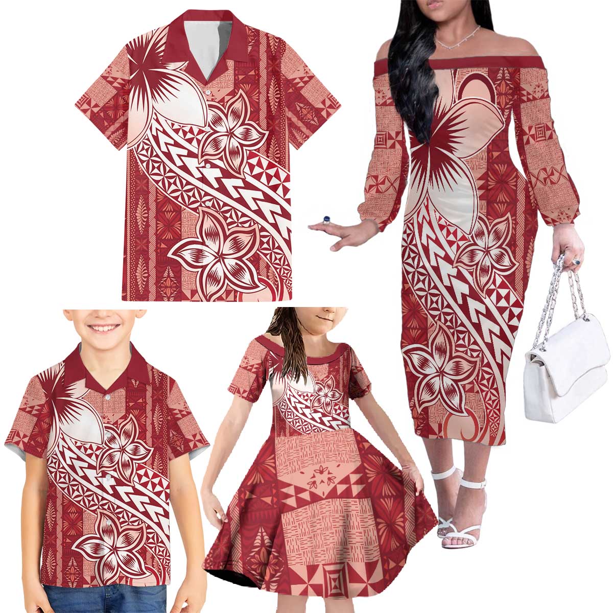 Tonga Kupesi Ngatu Family Matching Off The Shoulder Long Sleeve Dress and Hawaiian Shirt Vintage Red Plumeria LT05 - Polynesian Pride