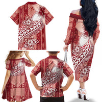 Tonga Kupesi Ngatu Family Matching Off The Shoulder Long Sleeve Dress and Hawaiian Shirt Vintage Red Plumeria LT05 - Polynesian Pride