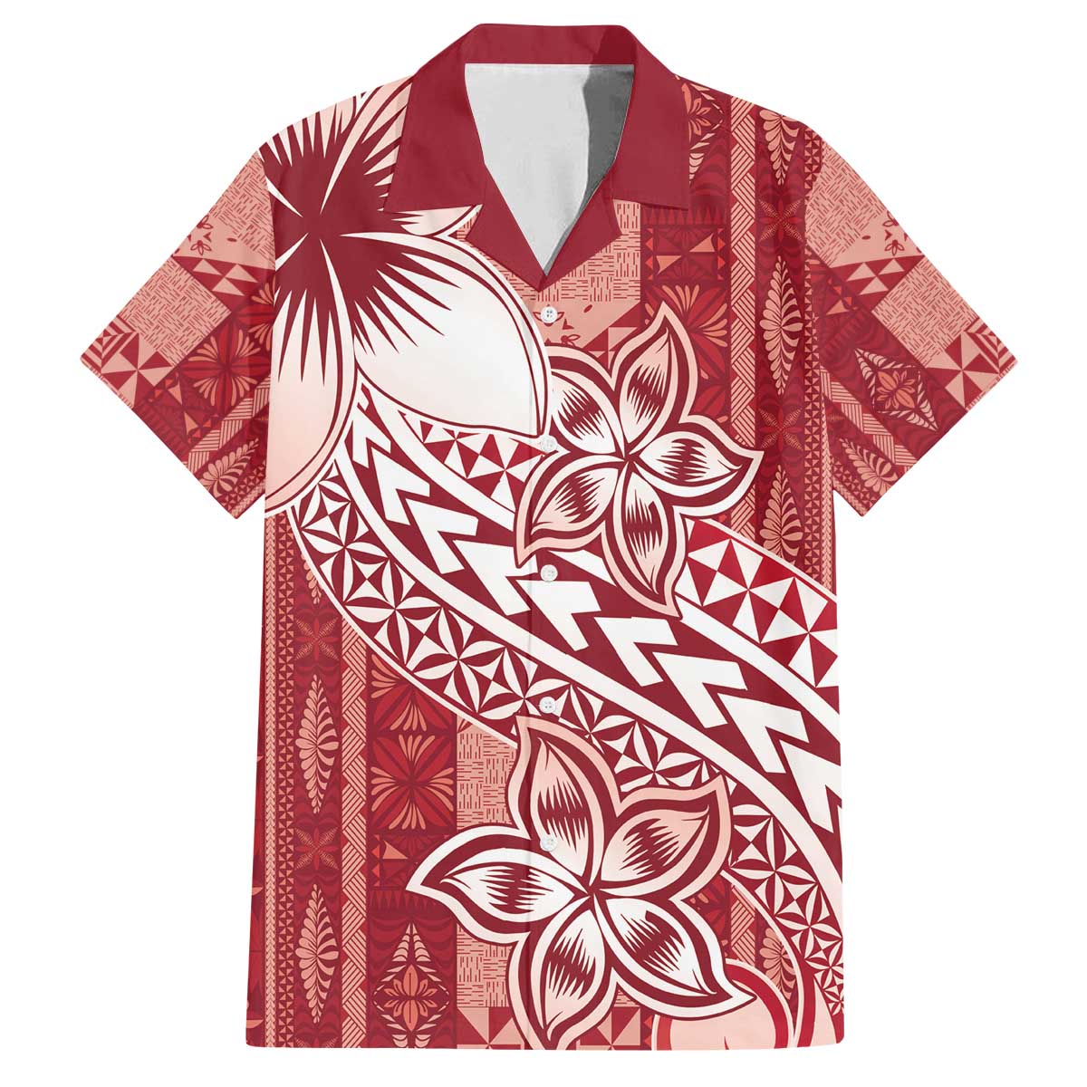 Tonga Kupesi Ngatu Family Matching Off The Shoulder Long Sleeve Dress and Hawaiian Shirt Vintage Red Plumeria LT05 Dad's Shirt - Short Sleeve Red - Polynesian Pride