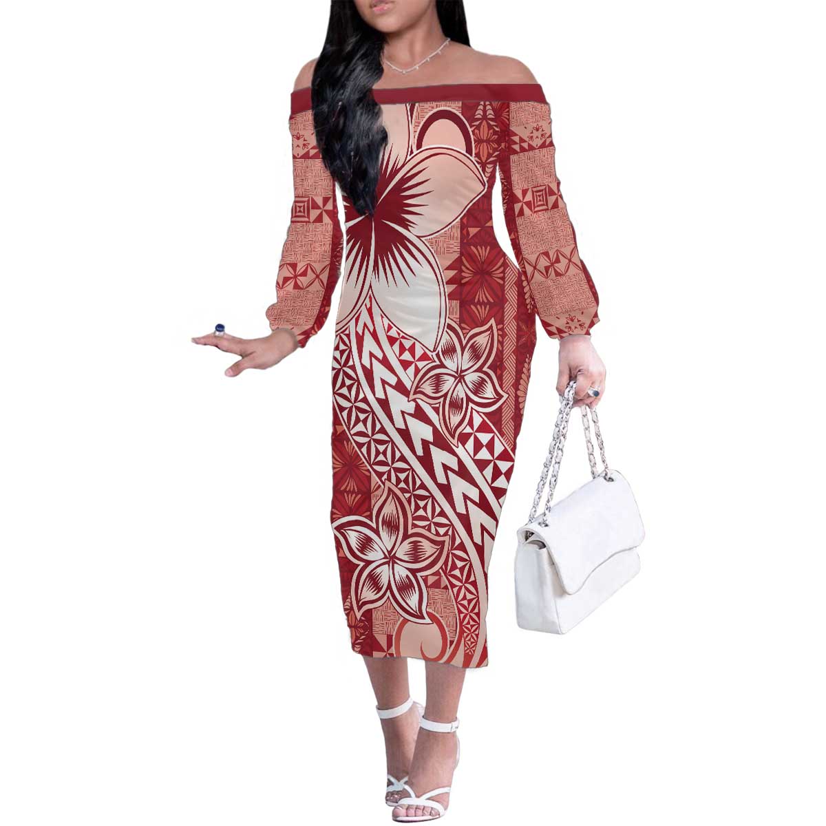 Tonga Kupesi Ngatu Family Matching Off The Shoulder Long Sleeve Dress and Hawaiian Shirt Vintage Red Plumeria LT05 Mom's Dress Red - Polynesian Pride