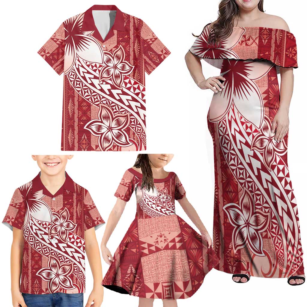 Tonga Kupesi Ngatu Family Matching Off Shoulder Maxi Dress and Hawaiian Shirt Vintage Red Plumeria LT05 - Polynesian Pride