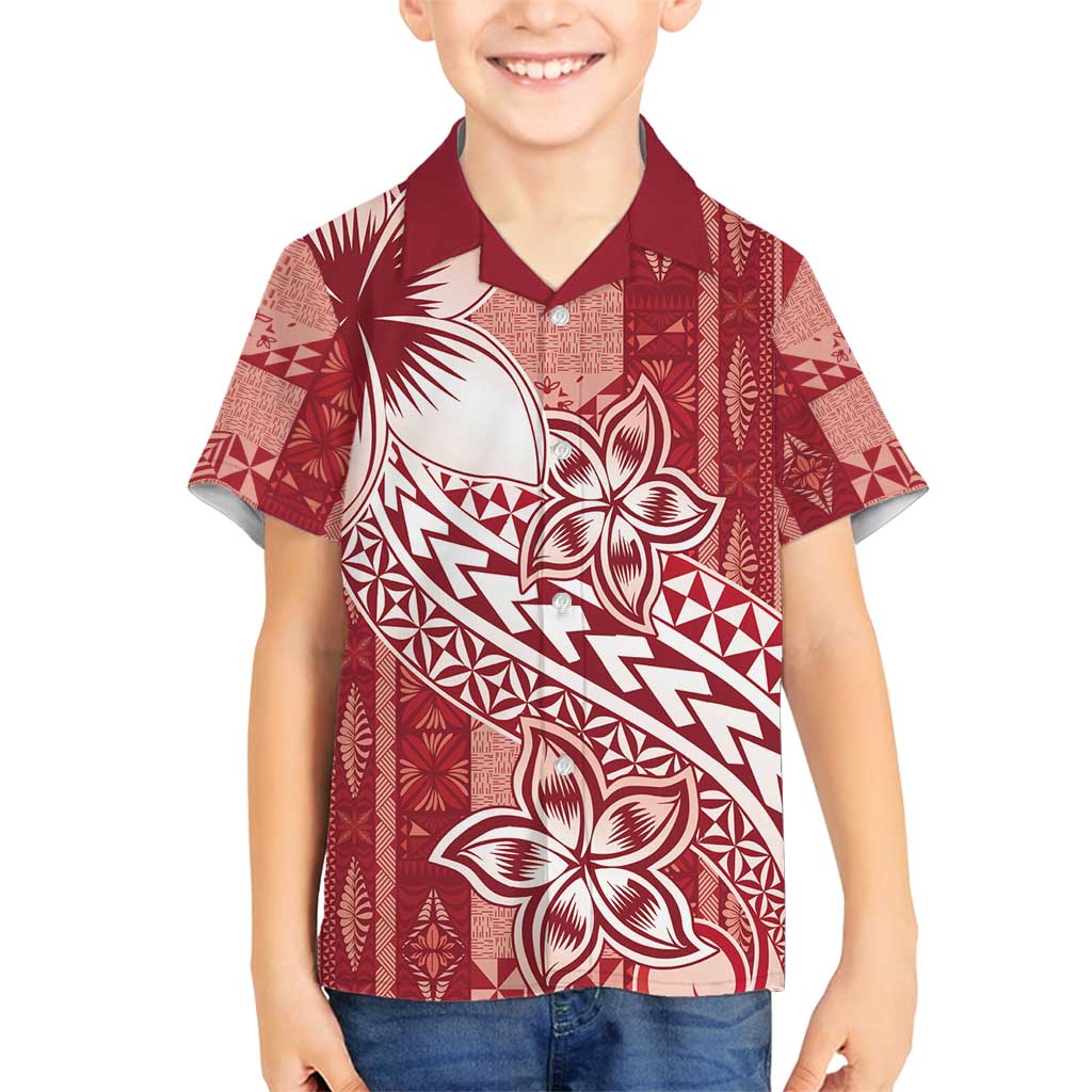 Tonga Kupesi Ngatu Family Matching Off Shoulder Maxi Dress and Hawaiian Shirt Vintage Red Plumeria LT05 Son's Shirt Red - Polynesian Pride