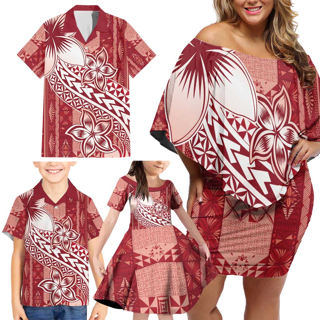 Tonga Kupesi Ngatu Family Matching Off Shoulder Short Dress and Hawaiian Shirt Vintage Red Plumeria LT05 - Polynesian Pride