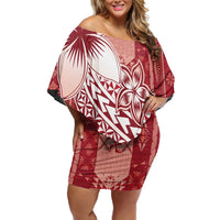 Tonga Kupesi Ngatu Family Matching Off Shoulder Short Dress and Hawaiian Shirt Vintage Red Plumeria LT05 Mom's Dress Red - Polynesian Pride