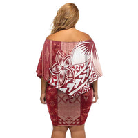 Tonga Kupesi Ngatu Family Matching Off Shoulder Short Dress and Hawaiian Shirt Vintage Red Plumeria LT05 - Polynesian Pride