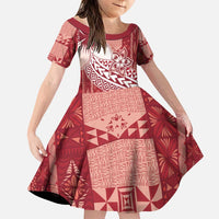Tonga Kupesi Ngatu Family Matching Puletasi and Hawaiian Shirt Vintage Red Plumeria LT05 Daughter's Dress Red - Polynesian Pride