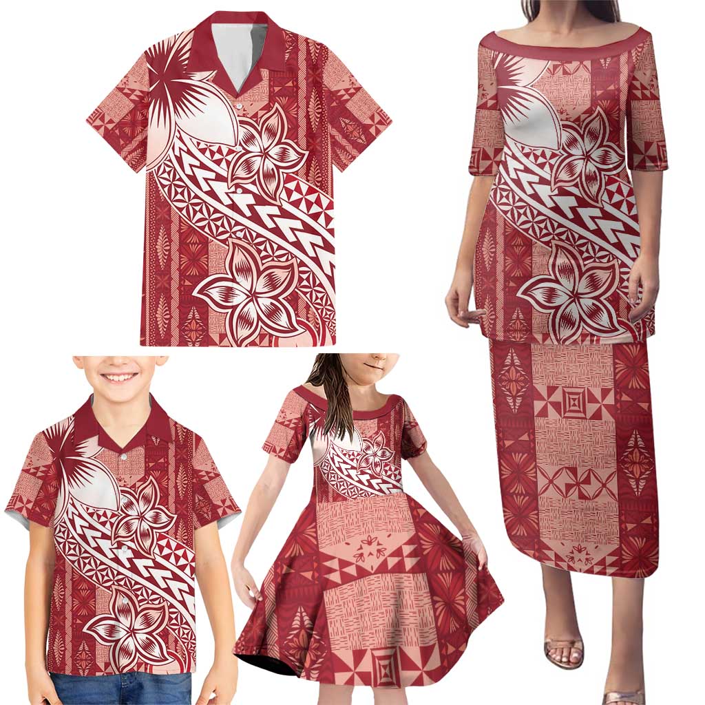 Tonga Kupesi Ngatu Family Matching Puletasi and Hawaiian Shirt Vintage Red Plumeria LT05 - Polynesian Pride
