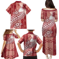 Tonga Kupesi Ngatu Family Matching Puletasi and Hawaiian Shirt Vintage Red Plumeria LT05 - Polynesian Pride