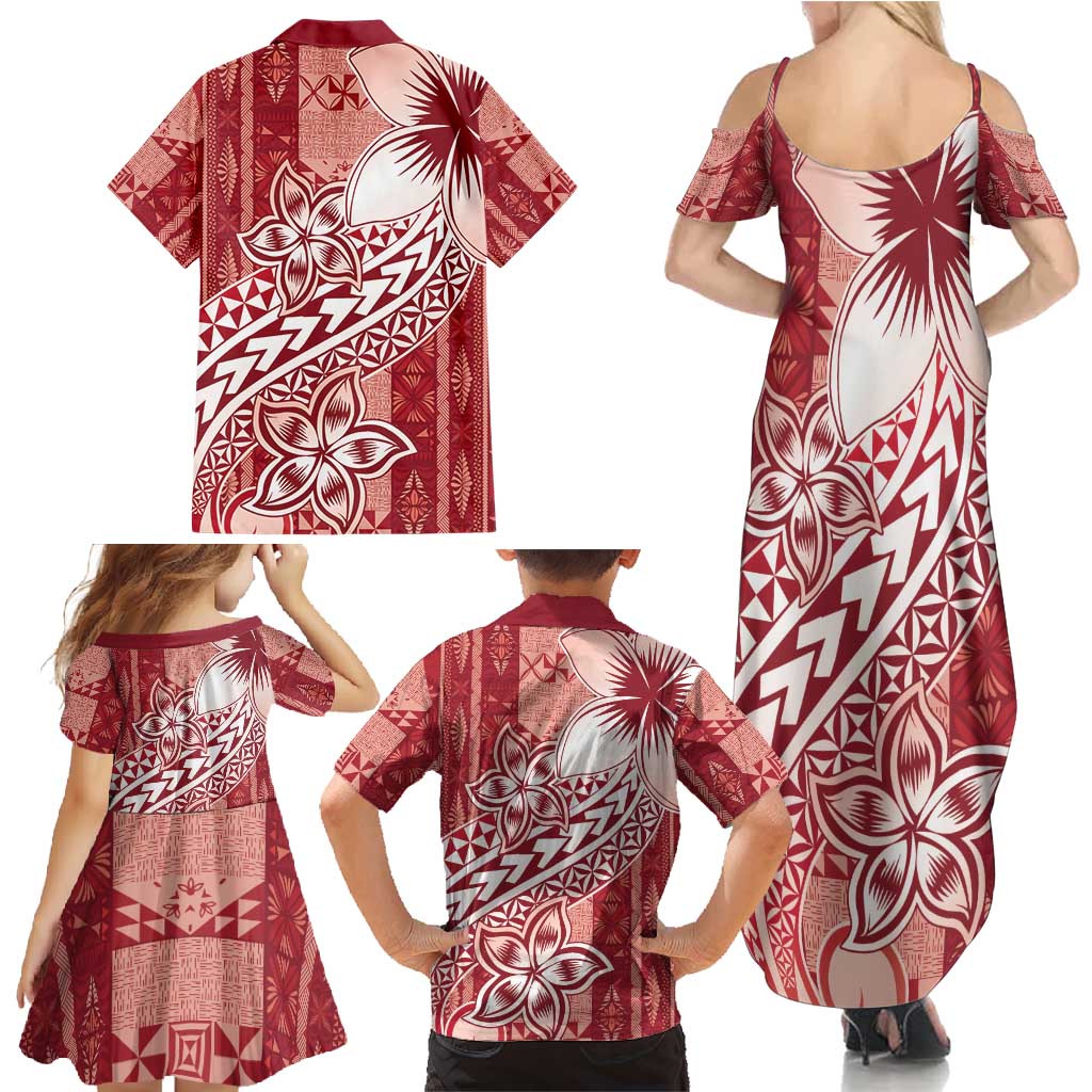 Tonga Kupesi Ngatu Family Matching Summer Maxi Dress and Hawaiian Shirt Vintage Red Plumeria LT05 - Polynesian Pride