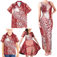 Tonga Kupesi Ngatu Family Matching Tank Maxi Dress and Hawaiian Shirt Vintage Red Plumeria LT05 - Polynesian Pride