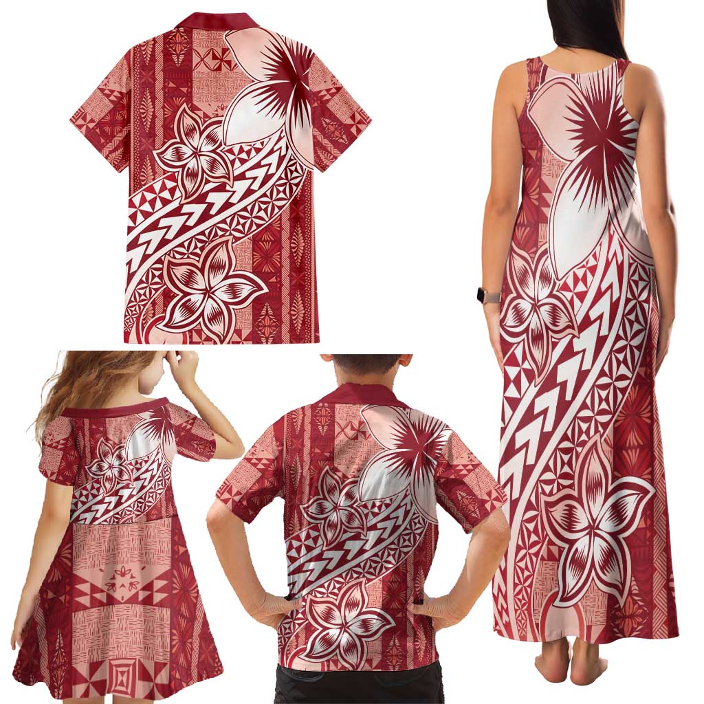 Tonga Kupesi Ngatu Family Matching Tank Maxi Dress and Hawaiian Shirt Vintage Red Plumeria LT05 - Polynesian Pride