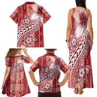 Tonga Kupesi Ngatu Family Matching Tank Maxi Dress and Hawaiian Shirt Vintage Red Plumeria LT05 - Polynesian Pride