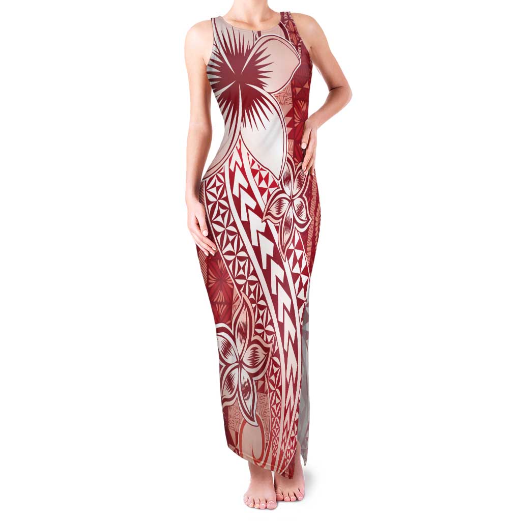Tonga Kupesi Ngatu Family Matching Tank Maxi Dress and Hawaiian Shirt Vintage Red Plumeria LT05 Mom's Dress Red - Polynesian Pride