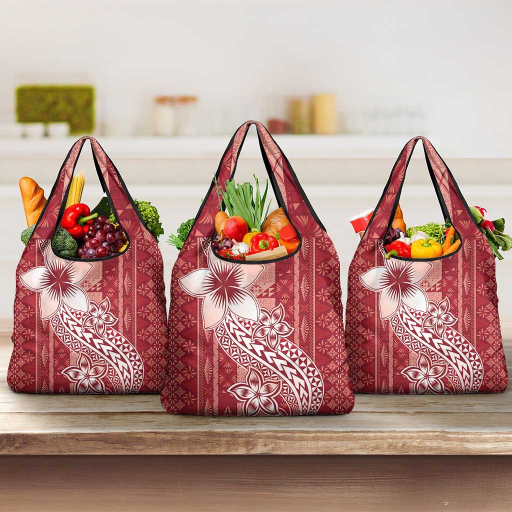 Tonga Kupesi Ngatu Grocery Bag Vintage Red Plumeria
